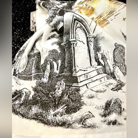 2 Halloween Haunted Graveyard Kitchen Towels Metallic Gold Moon Black Tombstones - Picture 2 of 10